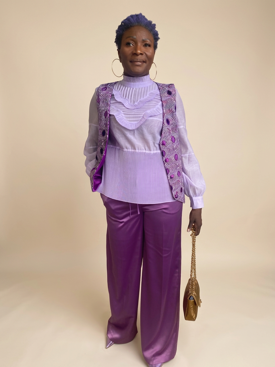 Edwige CBK en ensemble violet satin et gilet wax, sac doré — méthode Reflet Solaire en couleurs